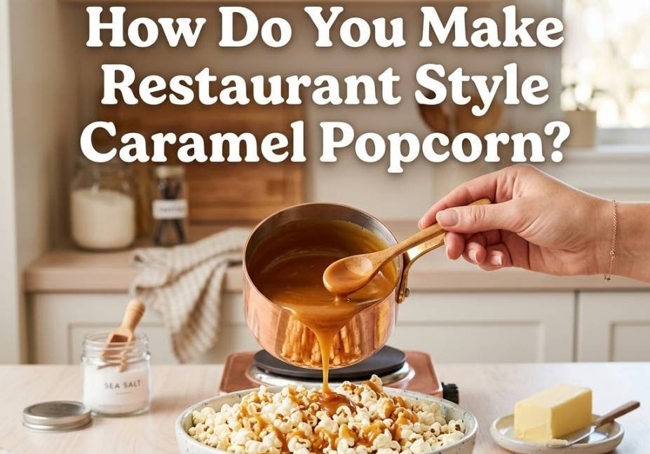 Silky golden caramel drizzling from a mini copper saucepan onto fresh white popcorn in a kitchen setting, with text overlay reading "How Do You Make Restaurant Style Caramel Popcorn?".