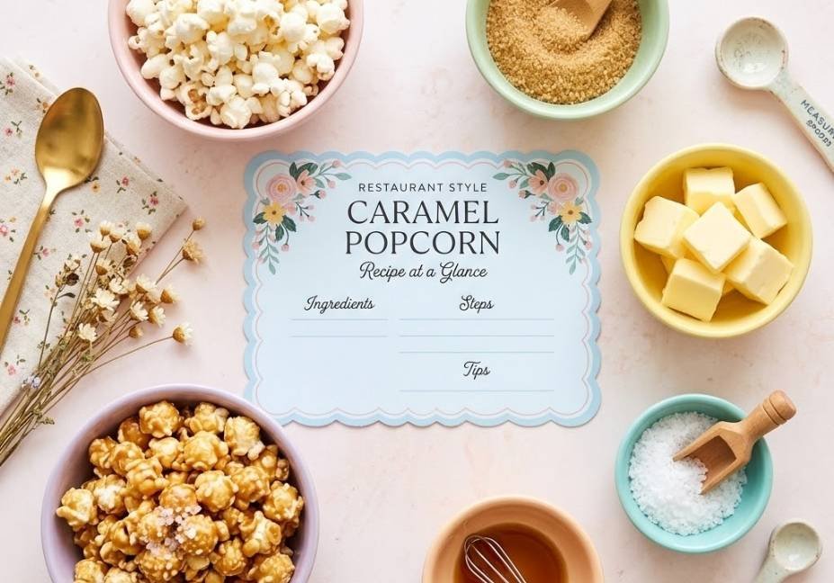 Top-down flat-lay scene with small pastel bowls of popcorn, brown sugar, butter, sea salt, and caramel popcorn around a recipe card reading "Restaurant Style Caramel Popcorn Recipe at a Glance".