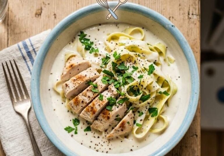 "Top-down view of a bowl of chicken Alfredo pasta made with substitute ingredients, served in a light blue rustic bowl on a wooden table with a napkin, fork, and text overlay reading 'Chicken Alfredo Substitute Ingredients: Easy Swaps for Every Ingredient!'