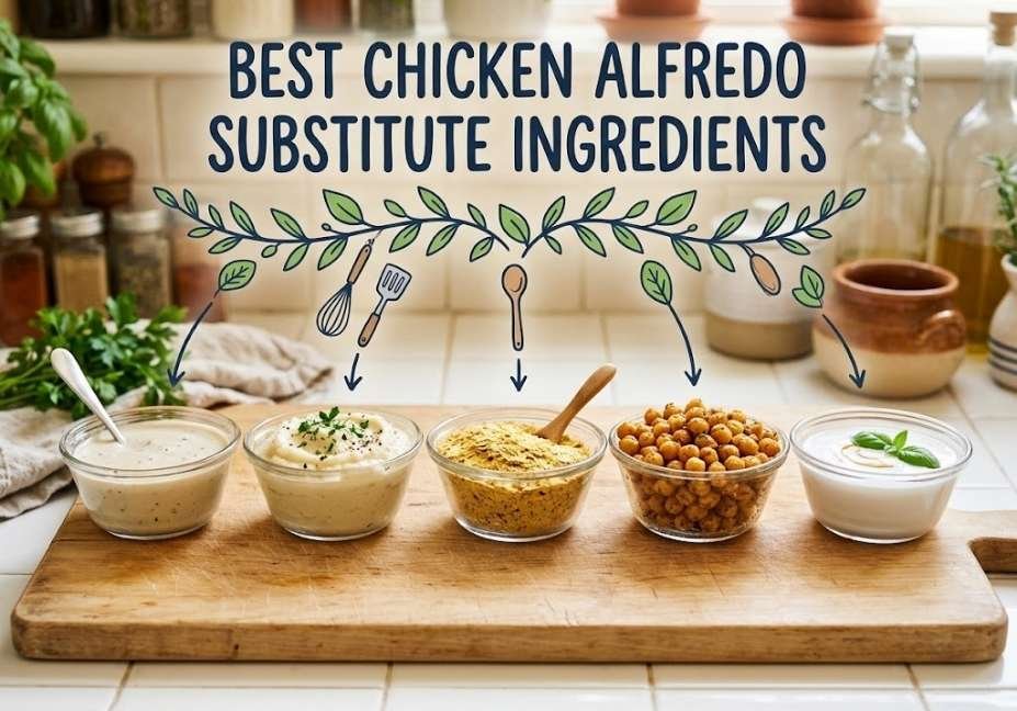 "Infographic graphic titled 'What Can You Substitute in Chicken Alfredo?' featuring four ingredient swap panels: silken tofu and almond milk for sauce, oyster mushrooms for chicken, zucchini noodles for pasta, and nutritional yeast with cashew cream for cheese."
