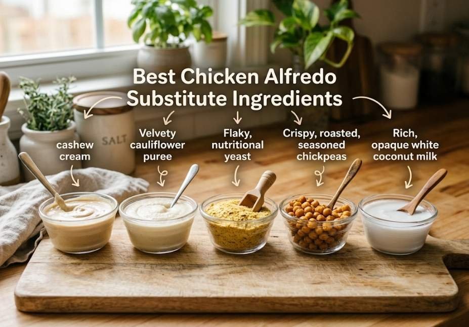Close-up shot of five small glass bowls lined up on a wooden cutting board containing cashew cream, cauliflower puree, nutritional yeast, crispy chickpeas, and coconut milk, titled 'Best Chicken Alfredo Substitute Ingredients' with small labels and arrows."
