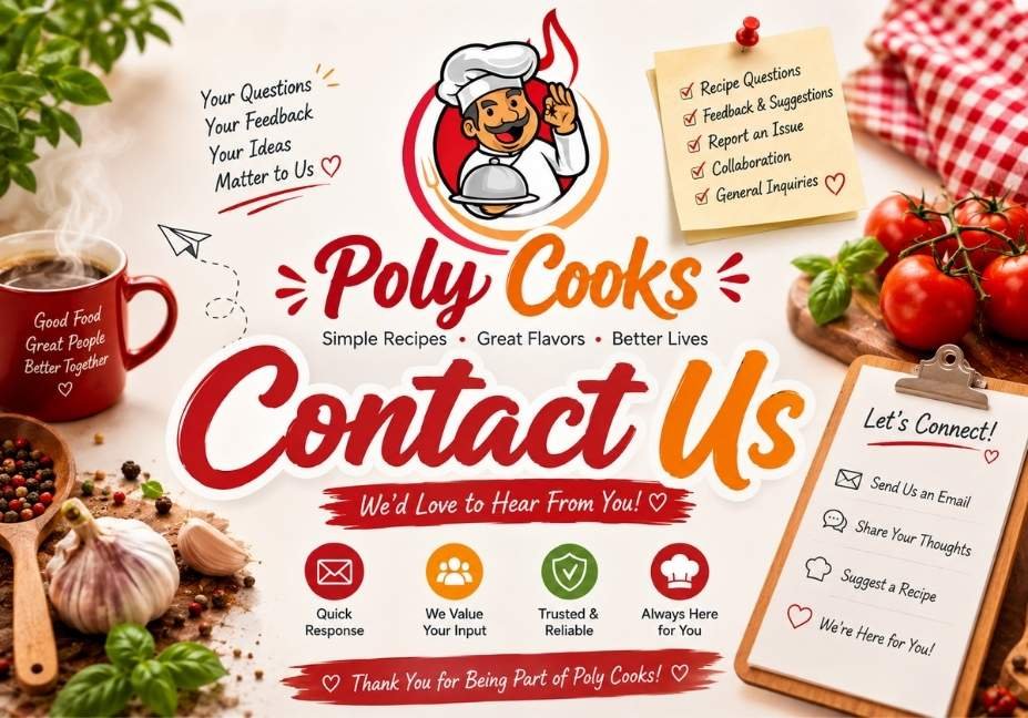 Contact Poly Cooks banner featuring the chef logo, recipe questions, feedback, recipe suggestions, and food-themed contact information.