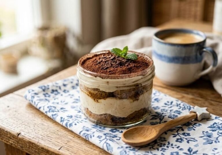 A cute single-serving glass jar of dairy-free tiramisu with visible layers of coffee-soaked cake and plant-based cream, topped with cocoa powder, served on a cozy kitchen table."