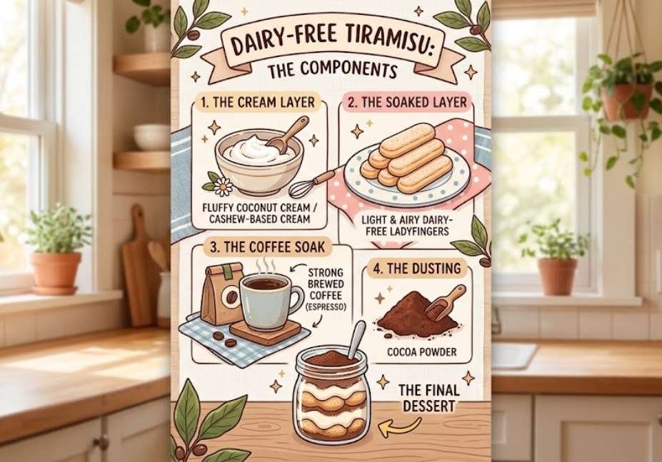 An illustrated graphic breaking down the ingredients of dairy-free tiramisu, including cashew cream, coffee-soaked ladyfingers, brewed coffee, and cocoa powder."