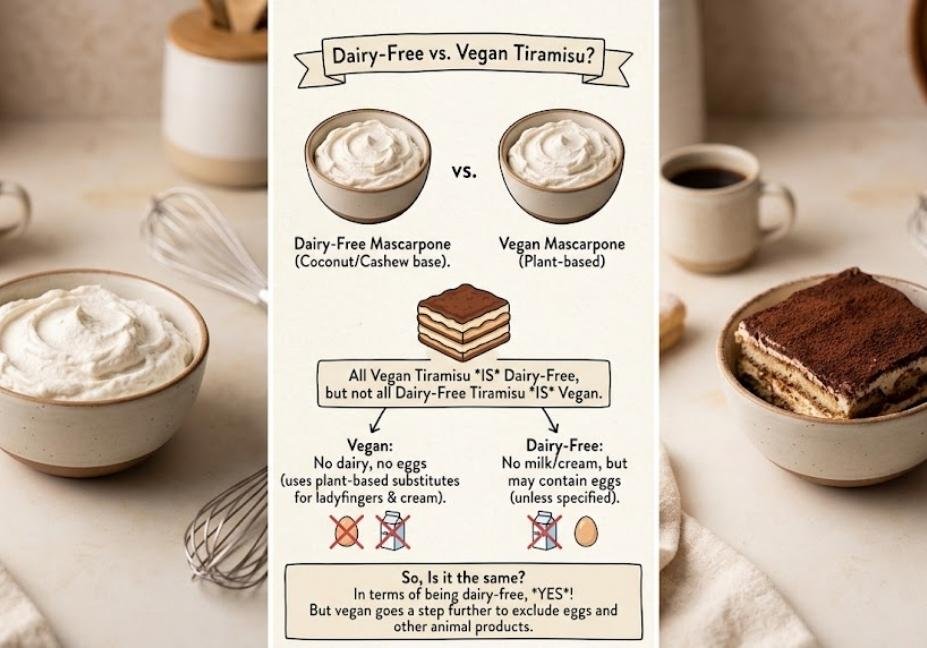 "An educational infographic comparing dairy-free tiramisu and vegan tiramisu, explaining that dairy-free avoids milk while vegan avoids all animal products like eggs."