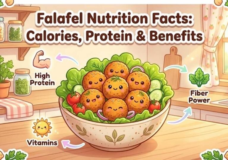 Kawaii-style illustration of a bowl of smiling golden falafel balls with lettuce and tomatoes on a cozy kitchen counter, featuring the text "Falafel Nutrition Facts: Calories, Protein & Benefits" and cute nutritional icons.