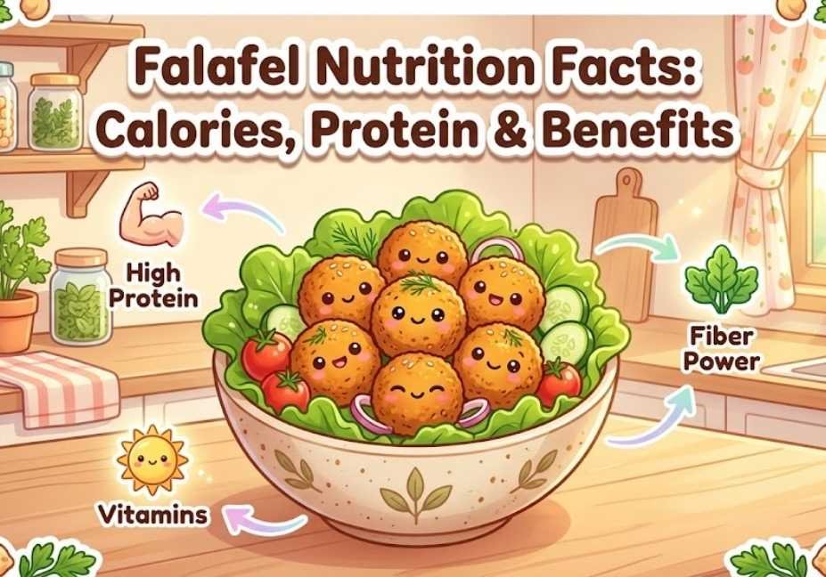 Kawaii-style illustration of a bowl of smiling golden falafel balls with lettuce and tomatoes on a cozy kitchen counter, featuring the text "Falafel Nutrition Facts: Calories, Protein & Benefits" and cute nutritional icons.