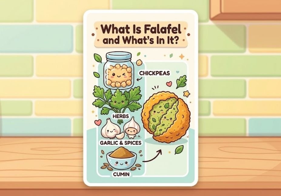 Educational cute vector infographic showing ingredients for falafel including chickpeas, garlic, parsley, cumin, and onion, titled "What Is Falafel and What's In It?" with a split falafel ball displaying its green herb center.