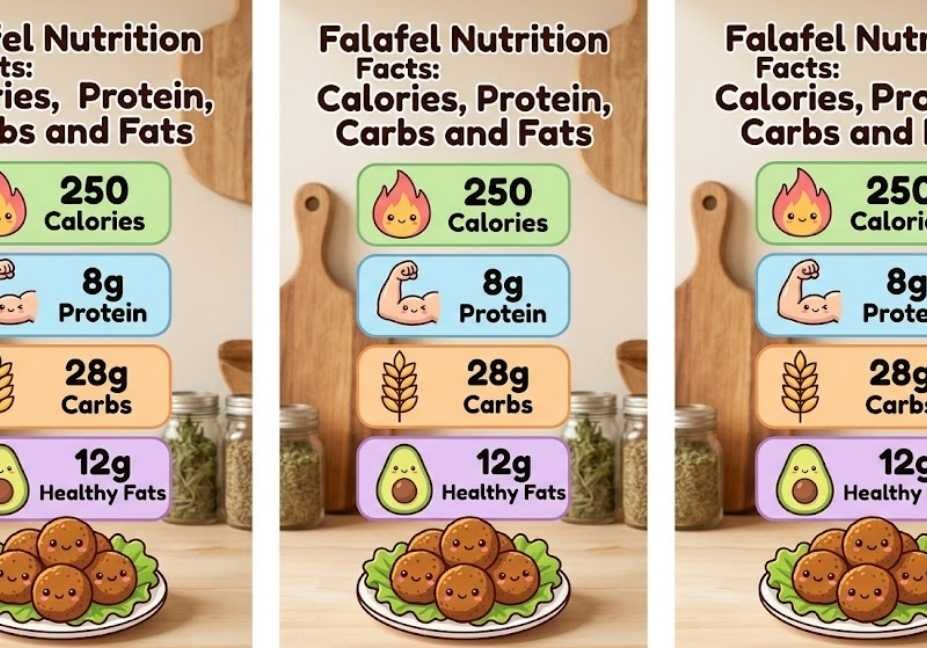 Vertical infographic titled "Falafel Nutrition Facts: Calories, Protein, Carbs and Fats" featuring stackable info cards for 250 Calories, 8g Protein, 28g Carbs, and 12g Healthy Fats above a small plate of cute falafel.
