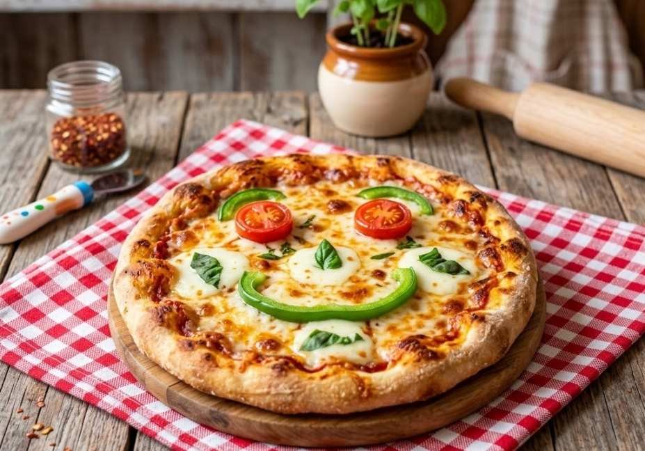 A charming, personal-sized gluten-free pizza with a golden crust sitting on a red-and-white checkered napkin. The toppings—mozzarella, tomatoes, and basil—are arranged in a cute, smiling happy face.