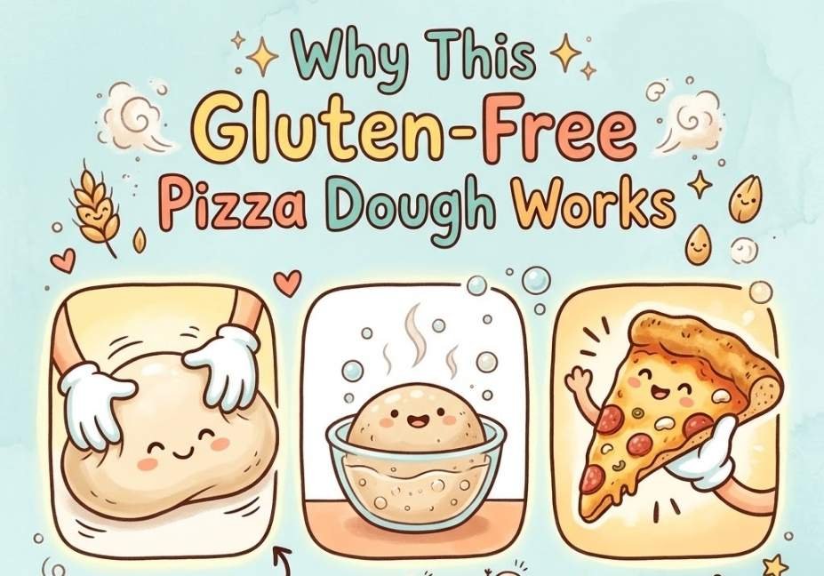 A pastel-blue vector graphic with three cartoon panels illustrating why the recipe works: a smiling dough ball , a rising yeast bubble  and a happy pizza slice