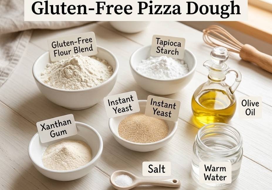 A clean, top-down view of gluten-free pizza dough ingredients neatly arranged in white bowls with labels on a white wooden table. An adorable ceramic spatula with a tiny face rests at the bottom.