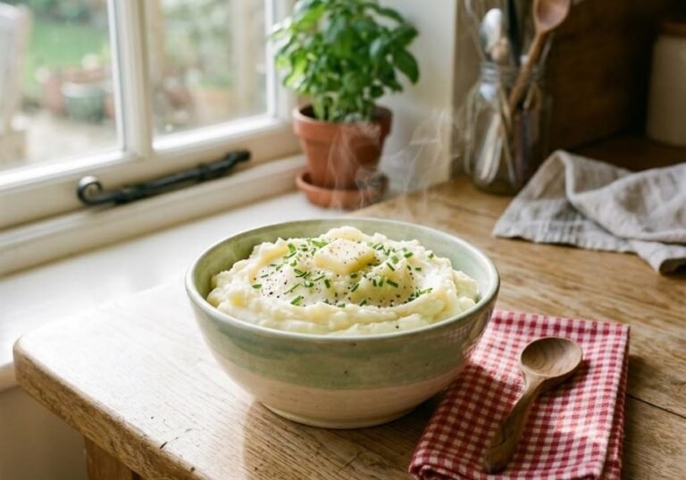 A steaming bowl of creamy mashed potatoes topped with butter and chives on a wooden table near a sunny window.