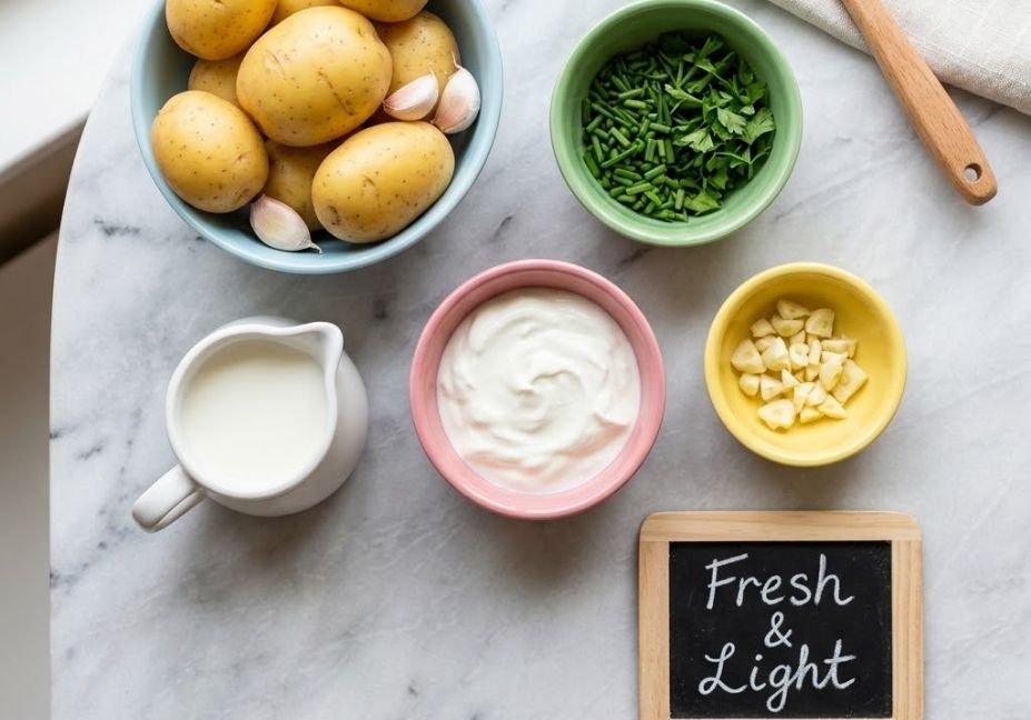 A flat-lay view of yellow potatoes, milk, Greek yogurt, garlic, herbs, and a small chalkboard reading "Fresh & Light" on marble.