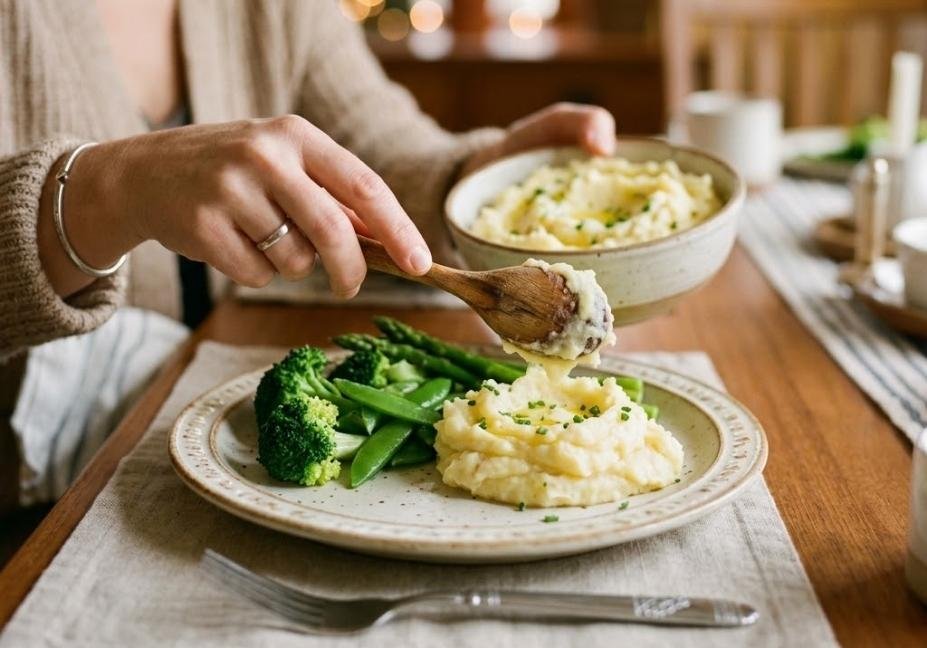A person scooping creamy mashed potatoes onto a dinner plate next to fresh green vegetables in a cozy setting.
