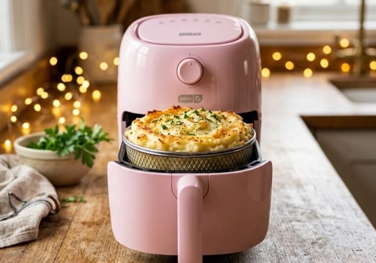 Pink retro-style air fryer on a wooden kitchen counter, featuring a basket filled with golden-brown, crispy-topped mashed potatoes garnished with fresh parsley.