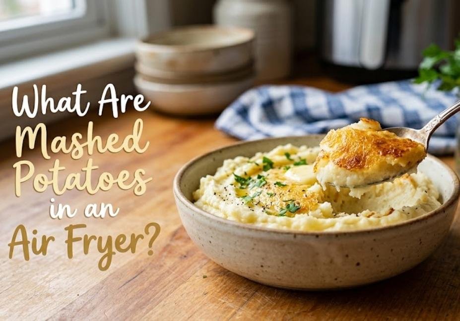Creamy bowl of mashed potatoes with a spoon lifting a crispy, golden portion, set alongside hand-lettered text that reads "What Are Mashed Potatoes in an Air Fryer?"