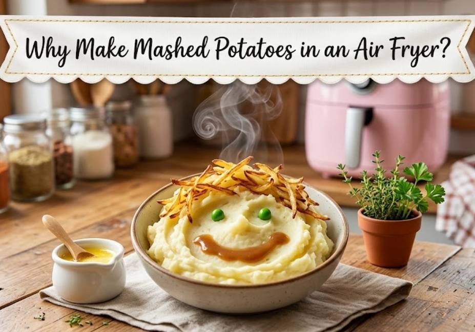 Bowl of mashed potatoes decorated with a friendly smiling face made of crispy potato strands, pea eyes, and gravy, sitting beneath a banner that reads "Why Make Mashed Potatoes in an Air Fryer?"