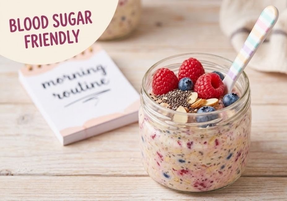 Overnight oats in a glass jar topped with raspberries, blueberries, chia seeds, and almond slivers on a light wooden table, with a graphic overlay reading "BLOOD SUGAR FRIENDLY."