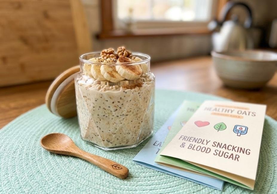 A glass jar of overnight oats topped with sliced bananas and cinnamon, sitting next to a tiny wooden spoon and cute diabetes informational booklets on a mint green placemat.'