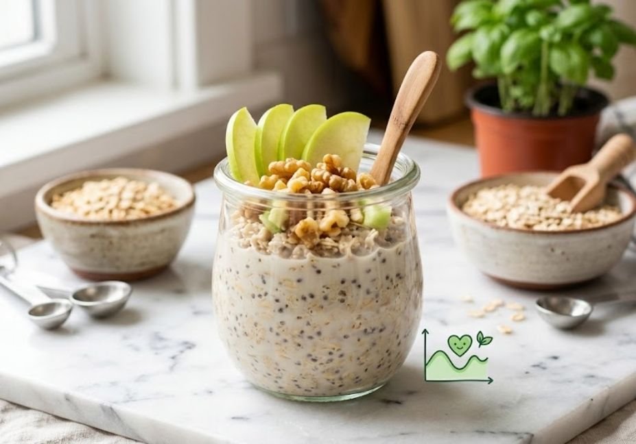 Overnight oats topped with green apple slices and walnuts on a white marble countertop, featuring a small, cute line graph icon representing stable blood sugar in the corner.