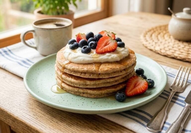 A stack of fluffy whole-wheat pancakes on a green plate topped with Greek yogurt, blueberries, and strawberries, set on a wooden table next to a coffee mug."