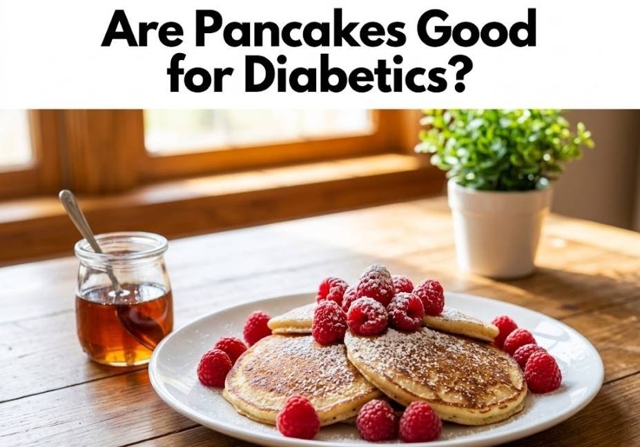 "A plate of almond-flour pancakes topped with fresh raspberries on a sunny wooden table, with text at the top asking 'Are Pancakes Good for Diabetics?'."