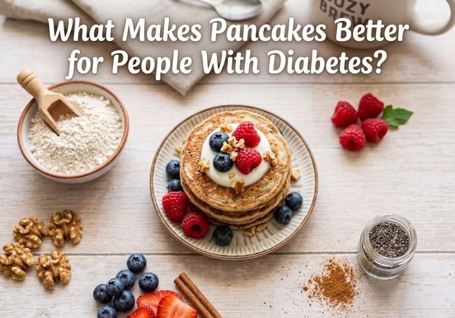 "A top-down flat-lay shot of mini pancakes surrounded by oat flour, walnuts, berries, and a cinnamon stick, with overlay text reading 'What Makes Pancakes Better for People With Diabetes?'.