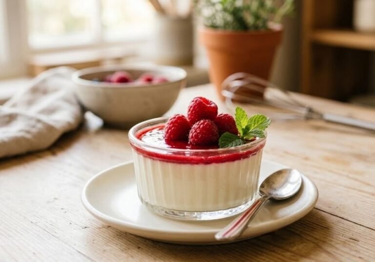 A small clear glass ramekin filled with creamy white vanilla panna cotta, topped with bright red raspberry sauce, whole raspberries, and a fresh mint sprig. It sits on a white saucer with a striped spoon on a rustic wooden table, bathed in soft morning light.