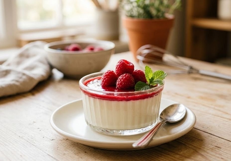 A small clear glass ramekin filled with creamy white vanilla panna cotta, topped with bright red raspberry sauce, whole raspberries, and a fresh mint sprig. It sits on a white saucer with a striped spoon on a rustic wooden table, bathed in soft morning light.