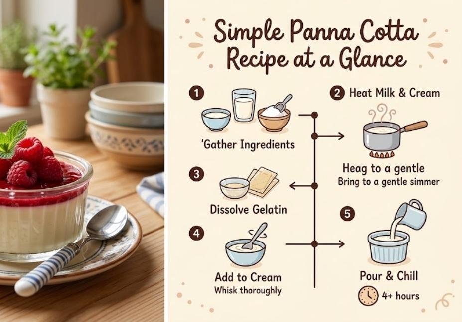 A side-by-side layout showing a freshly prepared berry-topped panna cotta in a ramekin on the left, next to a cute step-by-step recipe infographic on the right titled "Simple Panna Cotta Recipe at a Glance" with illustrated cooking steps.