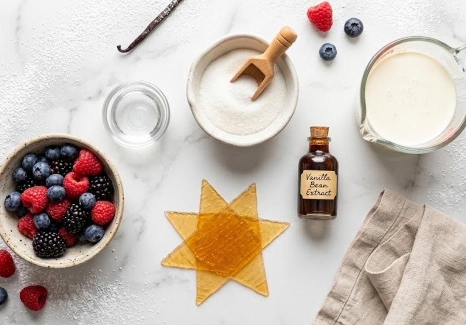 A top-down flat-lay shot on a white marble surface featuring panna cotta ingredients: a bowl of sugar with a wooden scoop, a glass measuring cup of heavy cream, a small bottle of vanilla bean extract, star-shaped gelatin sheets, a bowl of fresh berries, and a linen napkin