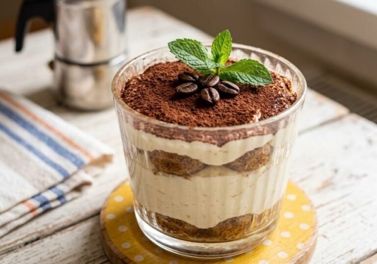 A close-up shot of a single-serving tiramisu served in a clear fluted glass on a yellow polka-dot coaster. The dessert is layered with coffee-soaked ladyfingers and cream, topped with cocoa powder, coffee beans, and fresh mint. A moka pot sits blurred in the white rustic background.