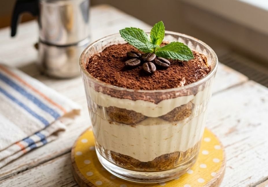 A close-up shot of a single-serving tiramisu served in a clear fluted glass on a yellow polka-dot coaster. The dessert is layered with coffee-soaked ladyfingers and cream, topped with cocoa powder, coffee beans, and fresh mint. A moka pot sits blurred in the white rustic background.