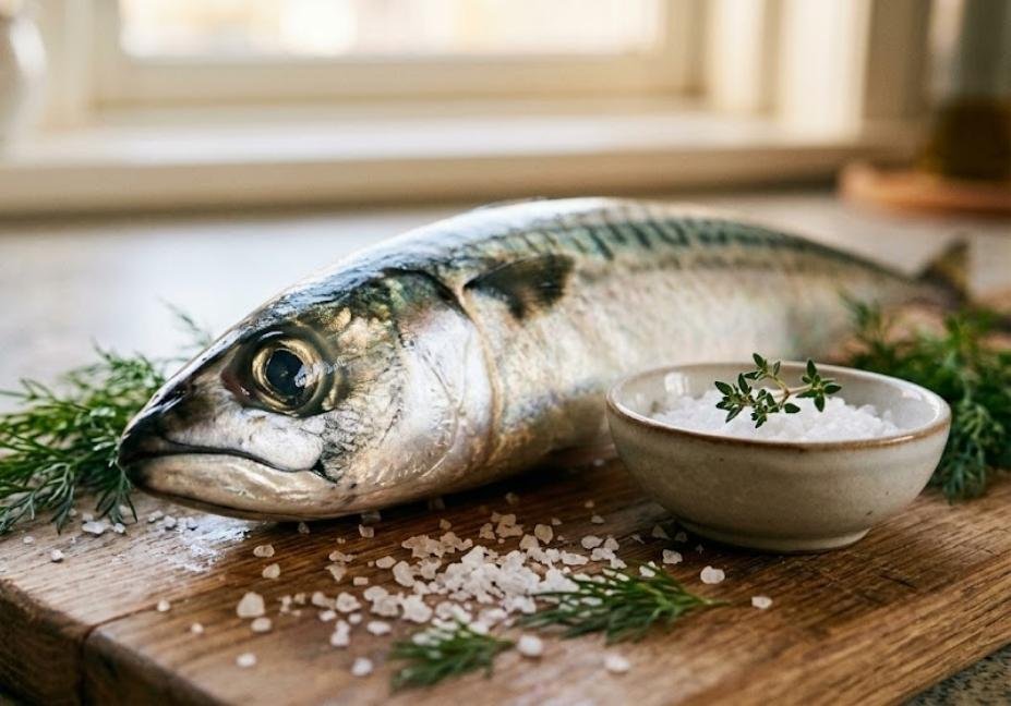 Close-up photo of a fresh Atlantic mackerel lying on a rustic wooden cutting board next to a small ceramic bowl of coarse sea salt and fresh dill sprigs, set against a soft-lit kitchen counter background