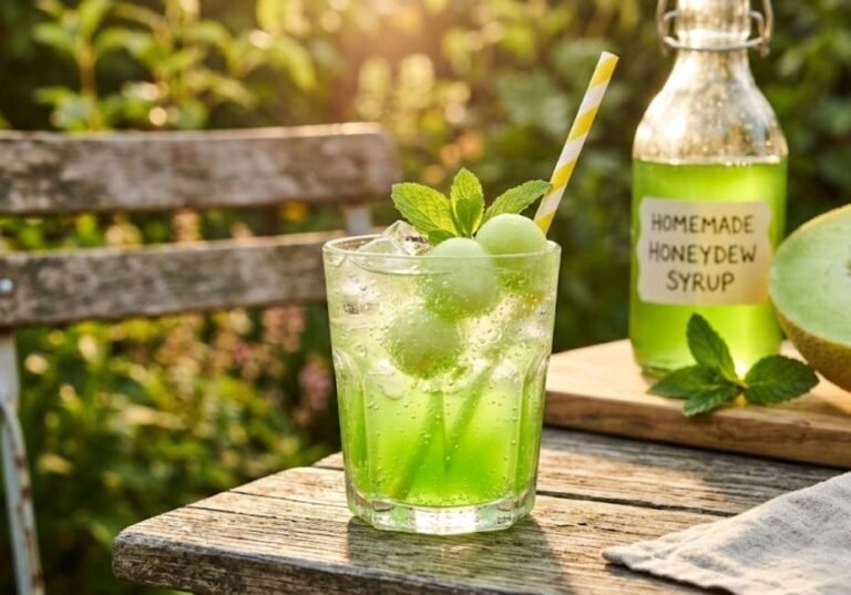 "A glass of refreshing iced honeydew melon soda garnished with melon balls and mint, set on a sunny wooden table next to a homemade honeydew syrup bottle."