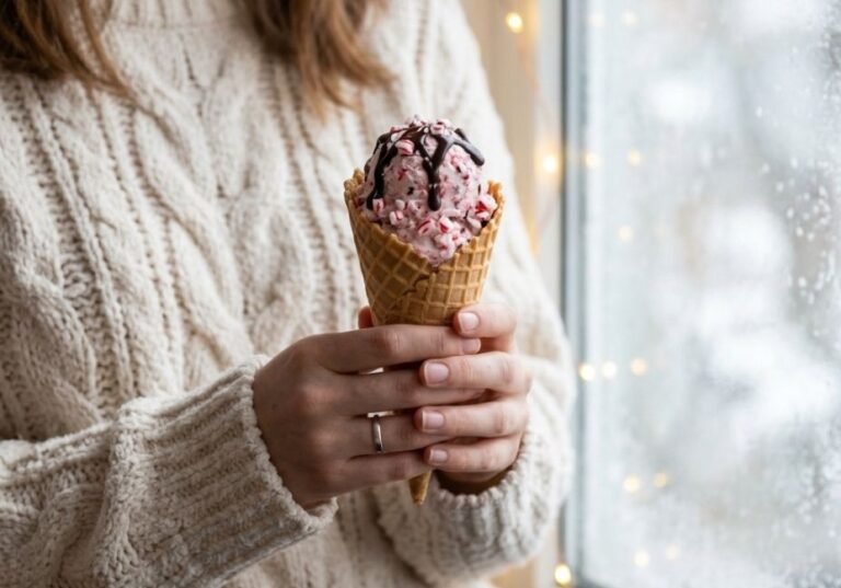 A person in a cream knit sweater and gloves holds a waffle cone topped with peppermint bark ice cream near a frost-covered window with glowing string lights.