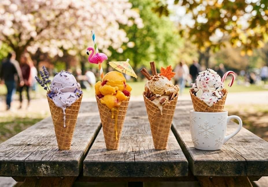 Four different ice cream cones arranged on a rustic wooden picnic table in a park, each decorated to represent a different season (spring lavender, summer mango-raspberry, autumn salted caramel, winter peppermint-bark in a mug).