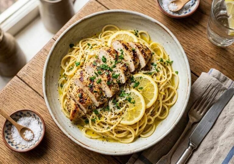 Overhead shot of a ceramic bowl filled with lemony spaghetti and sliced grilled Italian chicken breast, garnished with fresh parsley, lemon slices, and parmesan cheese on a wooden table.