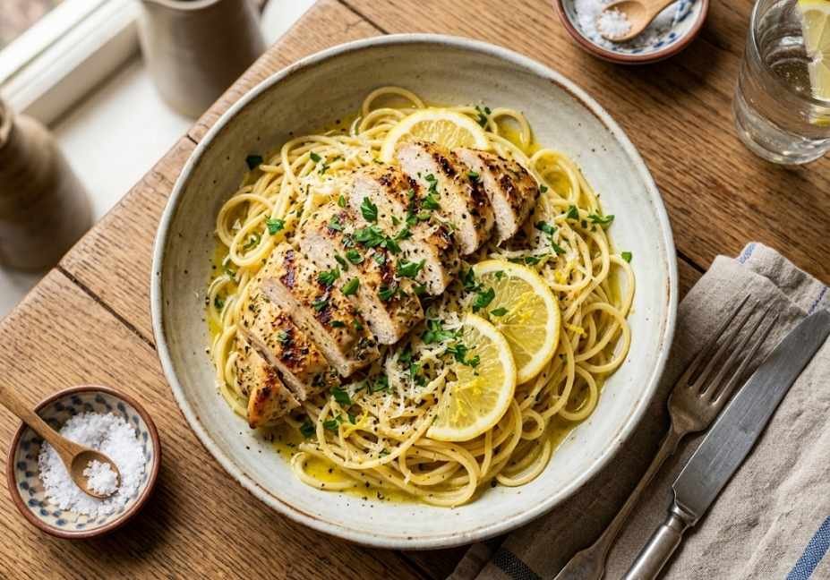 Overhead shot of a ceramic bowl filled with lemony spaghetti and sliced grilled Italian chicken breast, garnished with fresh parsley, lemon slices, and parmesan cheese on a wooden table.