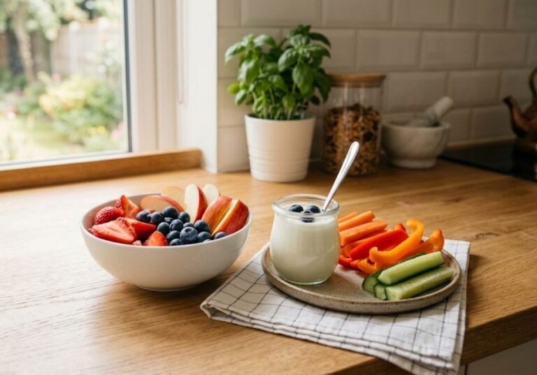 A bright, natural kitchen counter setup featuring a white bowl of fresh strawberries, blueberries, and apple slices, paired with a small jar of plain Greek yogurt, cucumber rounds, and sliced bell peppers on a wooden countertop.