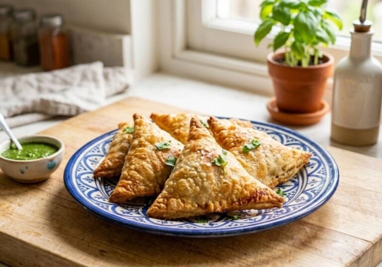 Golden-brown, triangular low-carb samosas served on a blue and white patterned ceramic plate over a wooden board, with a small bowl of green chutney and a sunlit kitchen background.