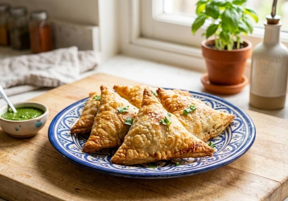 Golden-brown, triangular low-carb samosas served on a blue and white patterned ceramic plate over a wooden board, with a small bowl of green chutney and a sunlit kitchen background.