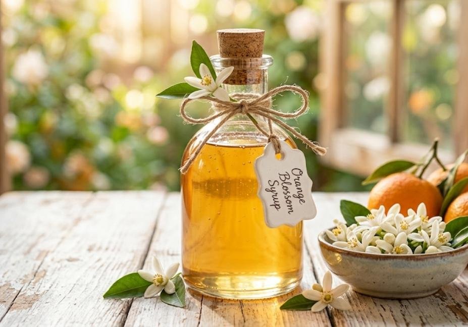 A clear glass bottle of golden orange blossom simple syrup with a handwritten tag, cork stopper, and twine bow, sitting on a rustic wooden table alongside fresh white orange blossoms and whole oranges.