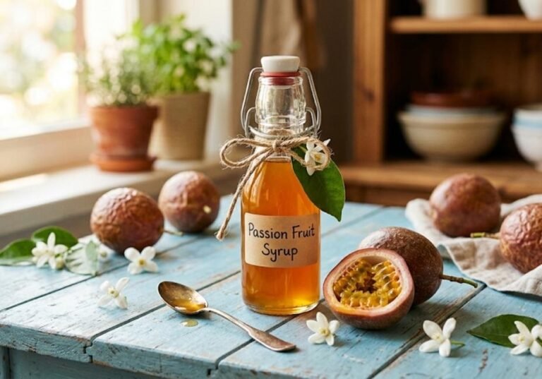 Homemade passion fruit simple syrup in a glass swing-top bottle tied with twine, surrounded by fresh passion fruits on a light blue wooden table.