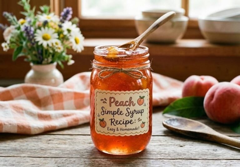 A mason jar of glowing peach simple syrup sitting on a wooden table next to fresh peaches, a checkered napkin, and a vase of flowers, featuring a label that reads "Peach Simple Syrup Recipe: Easy & Homemade!"