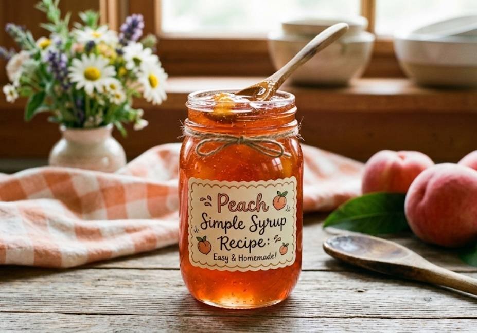 A mason jar of glowing peach simple syrup sitting on a wooden table next to fresh peaches, a checkered napkin, and a vase of flowers, featuring a label that reads "Peach Simple Syrup Recipe: Easy & Homemade!"