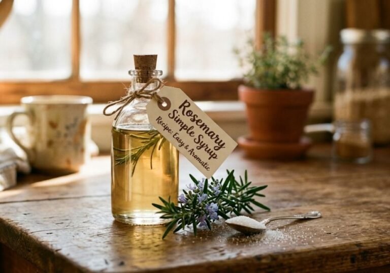 A small, corked glass bottle filled with golden rosemary syrup sits on a rustic wooden countertop next to a fresh sprig of rosemary with purple blossoms and a spoon of sugar, lit by warm sunlight in a cozy vintage kitchen.