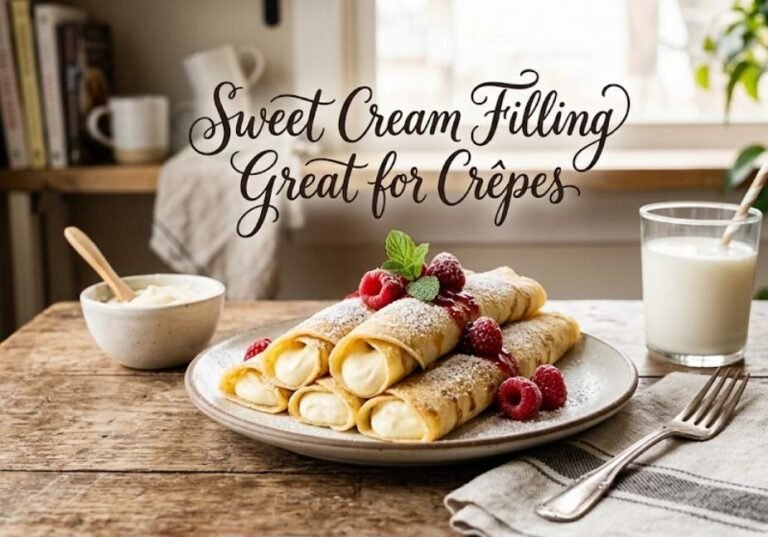 A rustic wooden table featuring a plate of rolled crêpes filled with sweet cream, topped with fresh raspberries, powdered sugar, and mint, next to a glass of milk and the title text "Sweet Cream Filling Great for Crêpes".