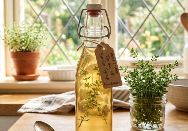 A glass swing-top bottle filled with clear golden thyme simple syrup labeled "Home Cooked: Thyme Simple Syrup", set on a wooden countertop next to a jar of fresh thyme and a vintage silver spoon